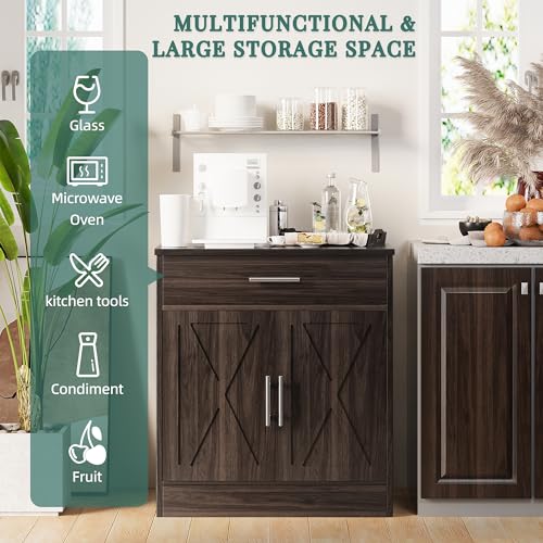 **Shintenchi Farmhouse Storage Cabinet with Doors, Shelves, and Drawers, Kitchen Barn Door Coffee Bar Sideboard for Dining Room, Living Room, Bathroom, or Entryway, Dark Brown**