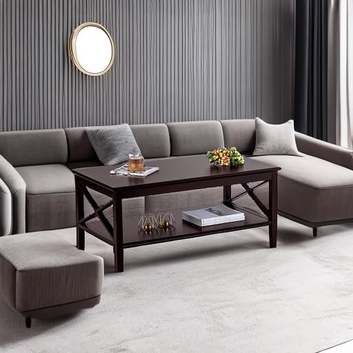 Espresso Wood Coffee Table with Thick Legs and Storage, 40 Inch Living Room Table