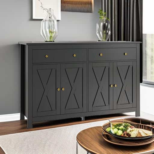 55" Large Sideboard Buffet Cabinet with 2 Drawers and 4 Doors, Wood Storage Buffet Table for Kitchen or Dining Room, Black