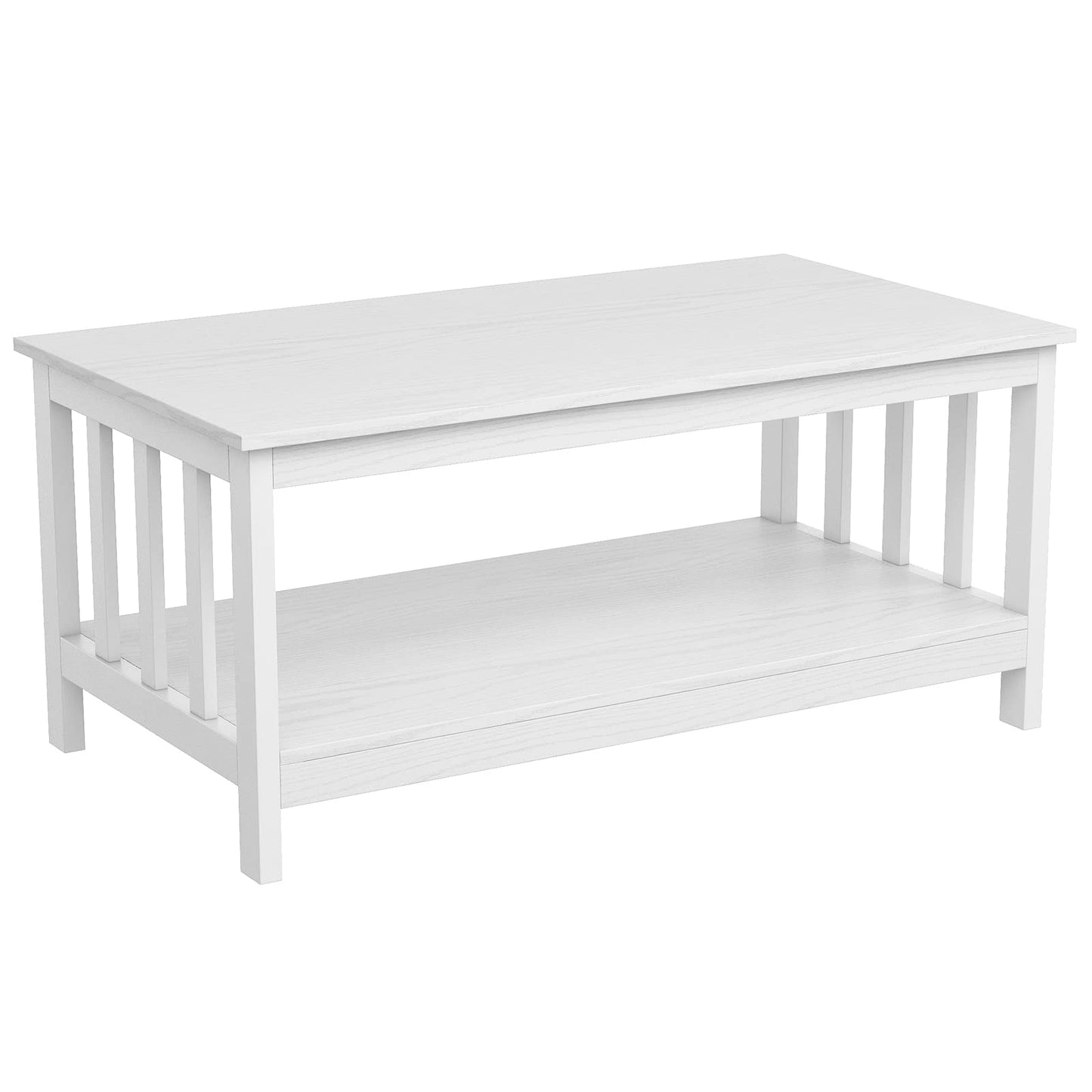 White Farmhouse Coffee Table with Shelf, 40 Inch Living Room Table