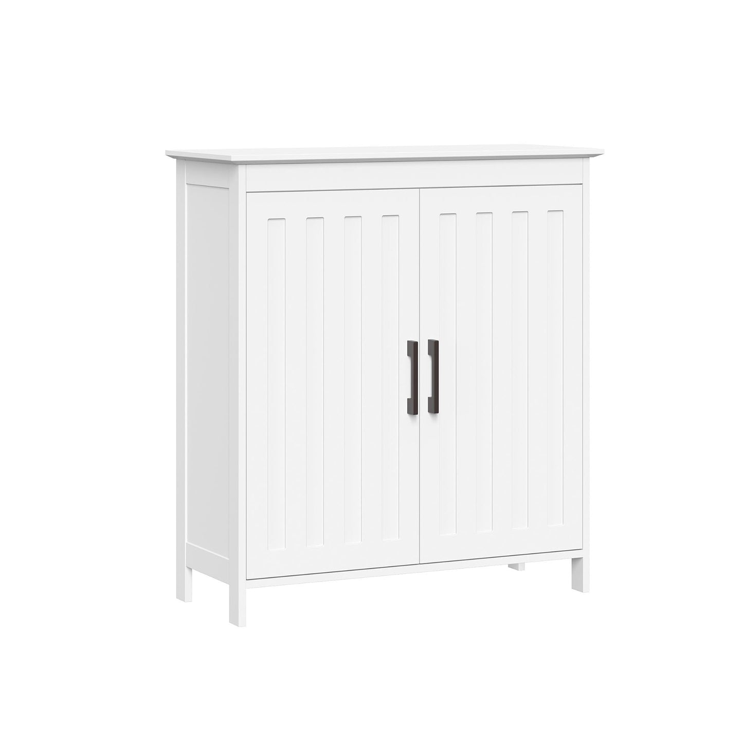 Two-Door Floor Storage Cabinet with Adjustable Shelves, Bathroom Storage with Soft-Close Doors, White Finish with Matte Black Handles