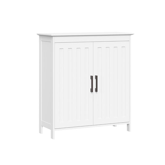 Two-Door Floor Storage Cabinet with Adjustable Shelves, Bathroom Storage with Soft-Close Doors, White Finish with Matte Black Handles