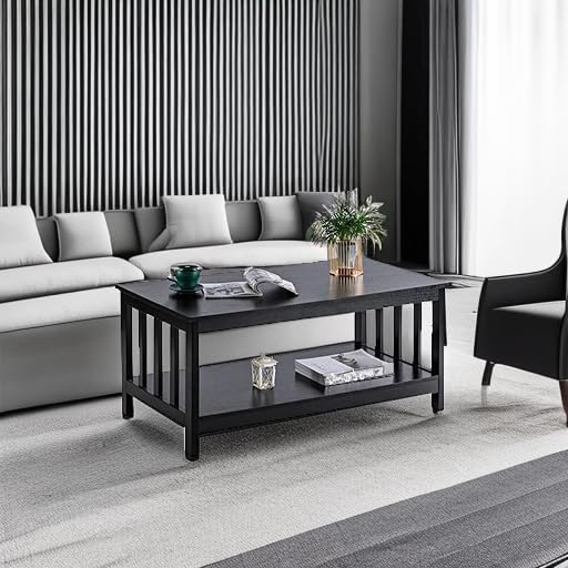 Black Wood Mission Coffee Table with Shelf, 40 Inch Living Room Table