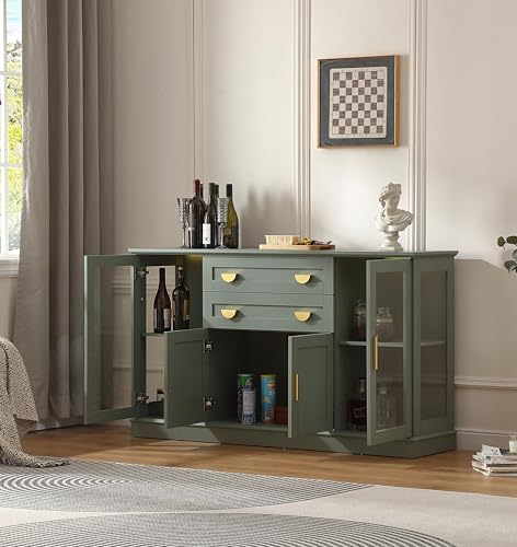 **58.27'' Buffet Cabinet with 2 Drawers and Adjustable Shelves, Large Glass Door Coffee Bar Cabinet, Modern Farmhouse Sideboard Credenza for Kitchen, Dining Room, Green**