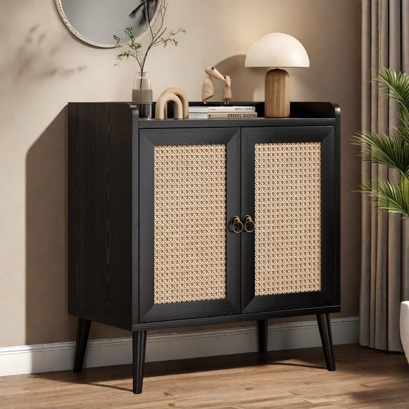 Rattan Buffet Cabinet with Round Pull Rings, Sideboard with 2 Doors and Ample Storage, Bar Liquor Shelf for Living Room or Hallway, Black