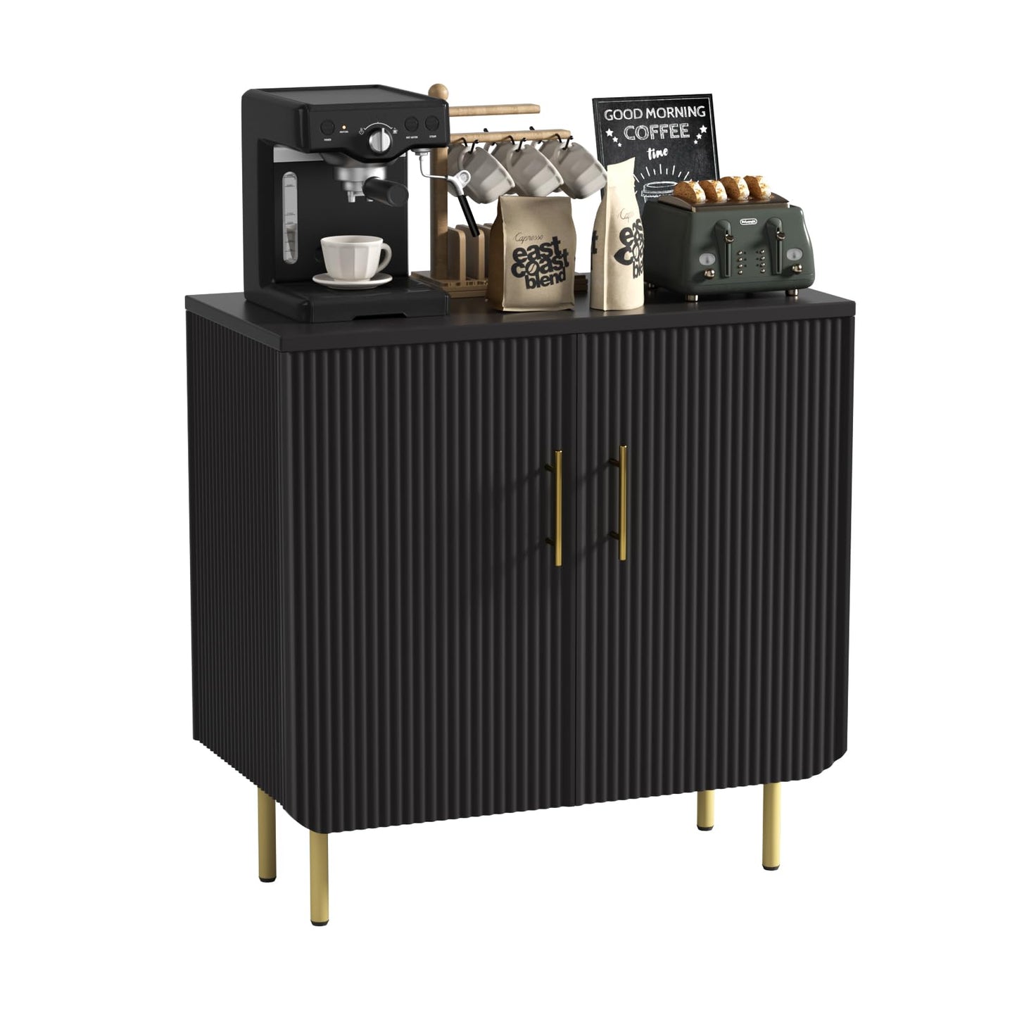 Buffet Cabinet with 2 Doors and Adjustable Shelf, Fluted Modern Sideboard Accent Cabinet for Living Room, Black