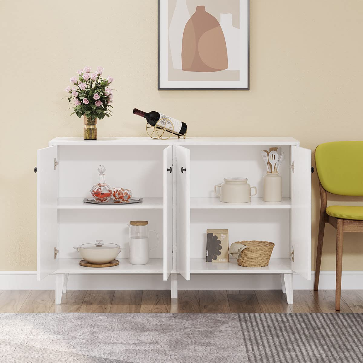 White Sideboard Buffet Cabinet with 4 Doors, Kitchen and Living Room Storage Console Table