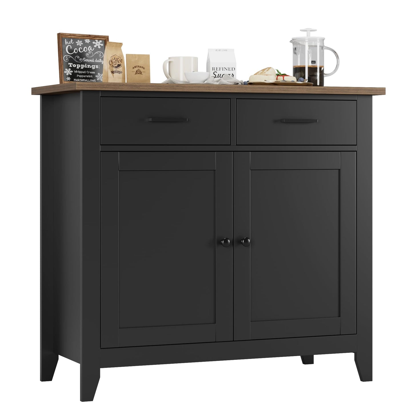 HORSTORS Modern Farmhouse Buffet Cabinet with Storage, Kitchen Sideboard Coffee Bar with 2 Drawers and 2 Doors, Floor Storage Cabinet for Living Room, Dining Room, or Bathroom, Black/Rustic Brown