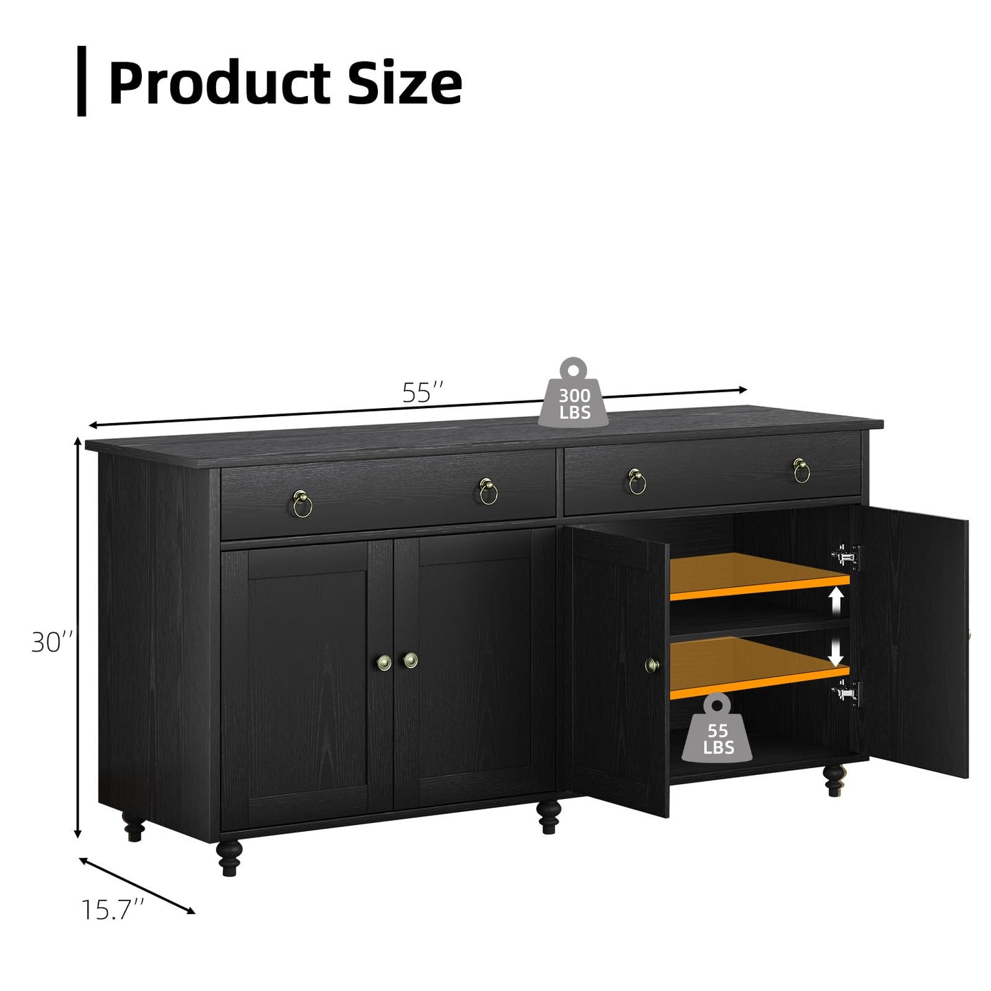 **55" Buffet Cabinet with Storage, Black Sideboard with Drawers and Doors, Coffee Bar for Dining Room**