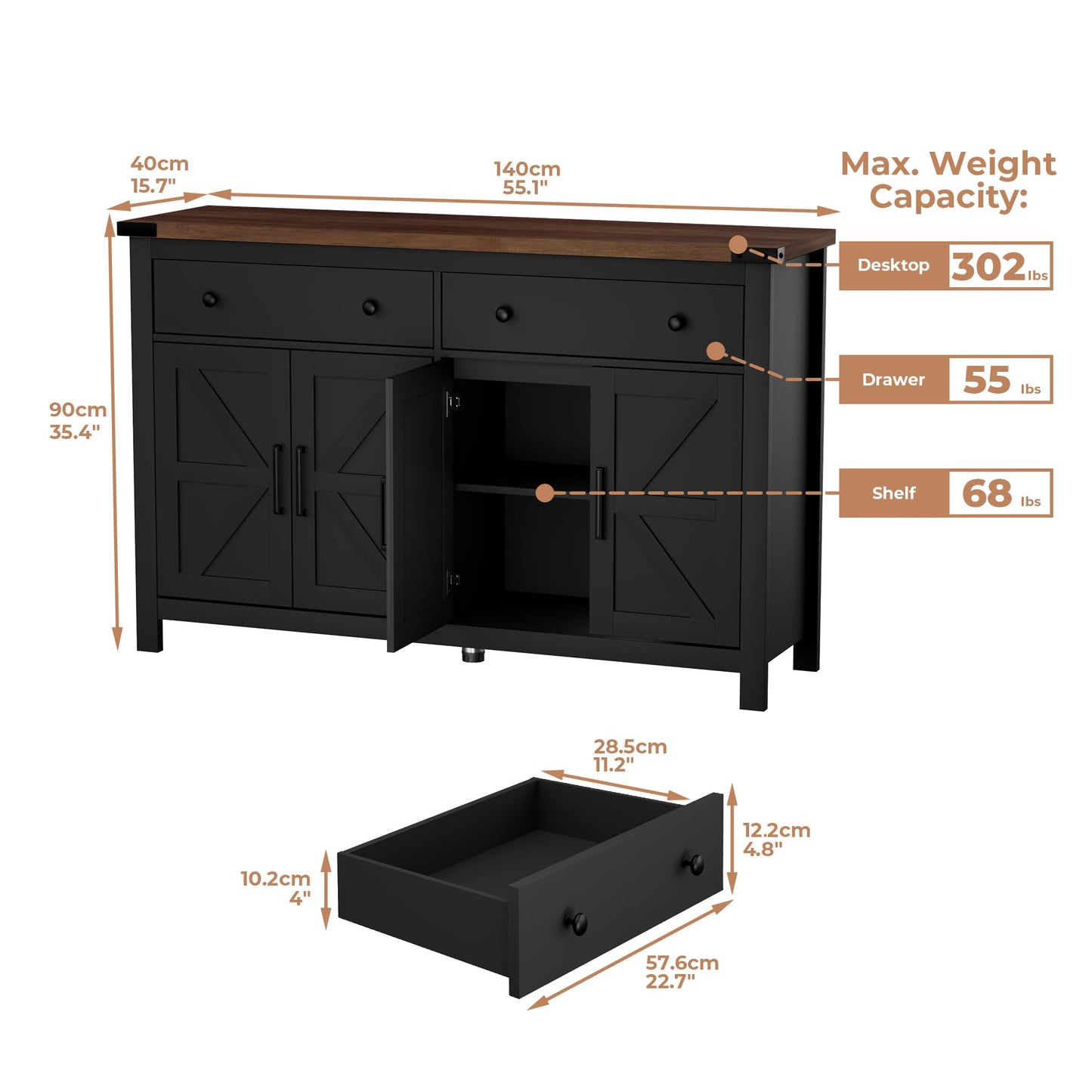55" Modern Farmhouse Sideboard Buffet Cabinet with Storage, Black Wood Coffee Bar Cabinet with 2 Drawers & 4 Barn Doors, Long Storage Cabinet for Kitchen, Dining Room & Living Room