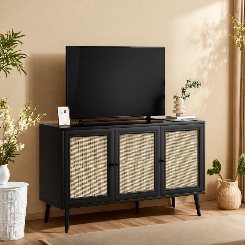 Rattan Entryway Table with Adjustable Shelf, Sideboard Buffet Cabinet with 3 Doors, Modern Console Cabinet with Large Storage for Living Room or Kitchen, Black
