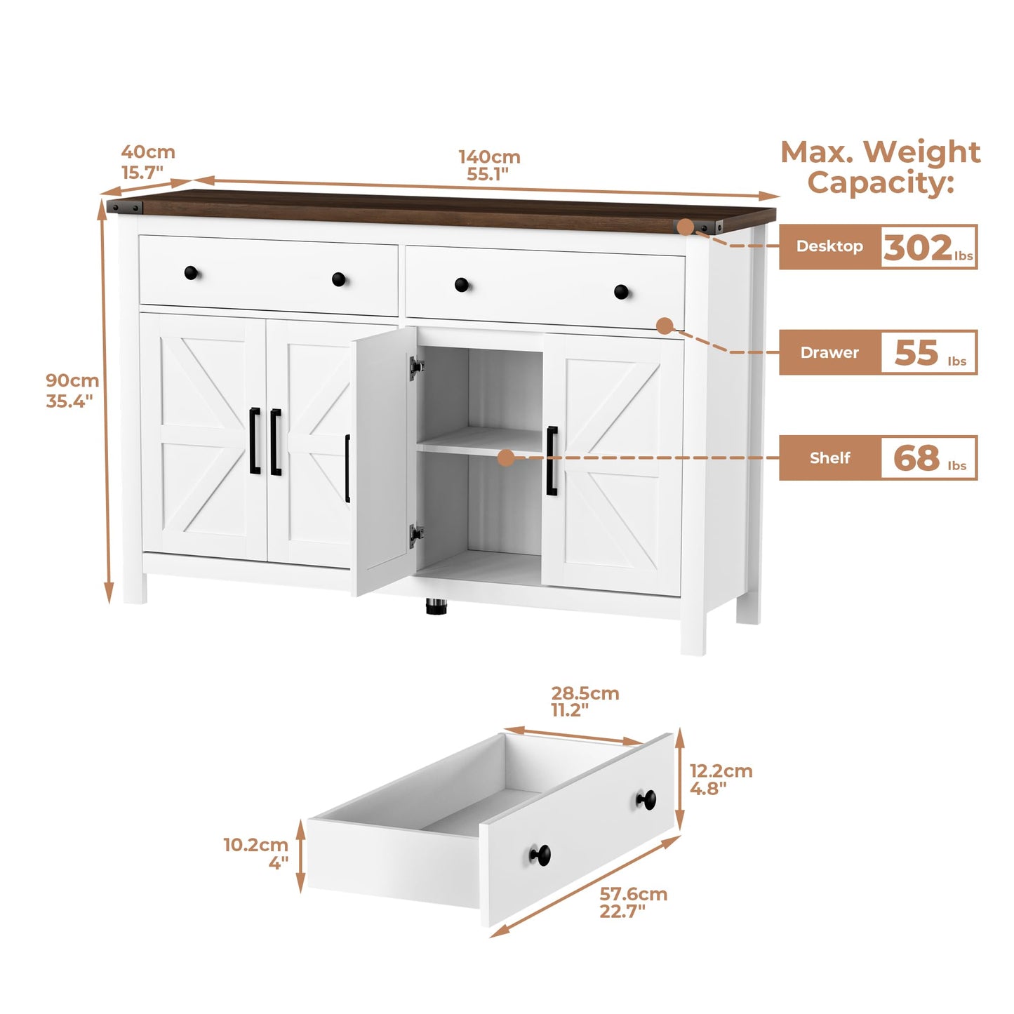 55" Modern Farmhouse Sideboard Buffet Cabinet with Storage, White Wood Coffee Bar Cabinet with 2 Drawers & 4 Barn Doors, Long Storage Cabinet for Kitchen, Dining Room & Living Room