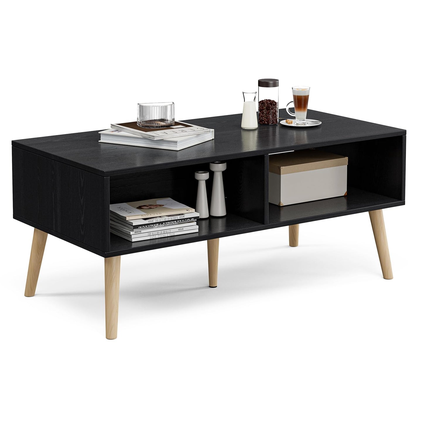 Boho Coffee Table with Sliding Rattan Door and Solid Wood Legs, Small Living Room Table with Storage, Black