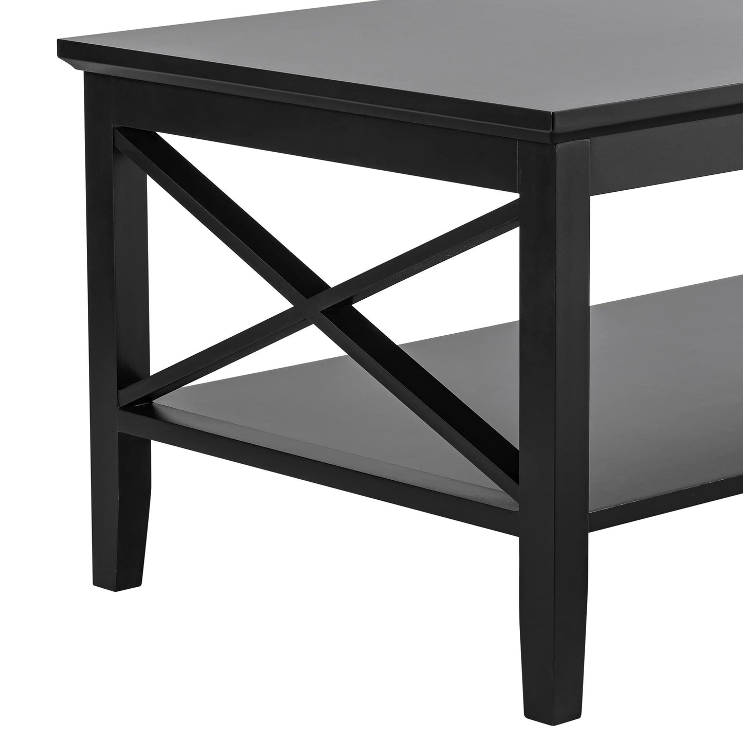 Black Wood Coffee Table with Thick Legs and Storage for Living Room