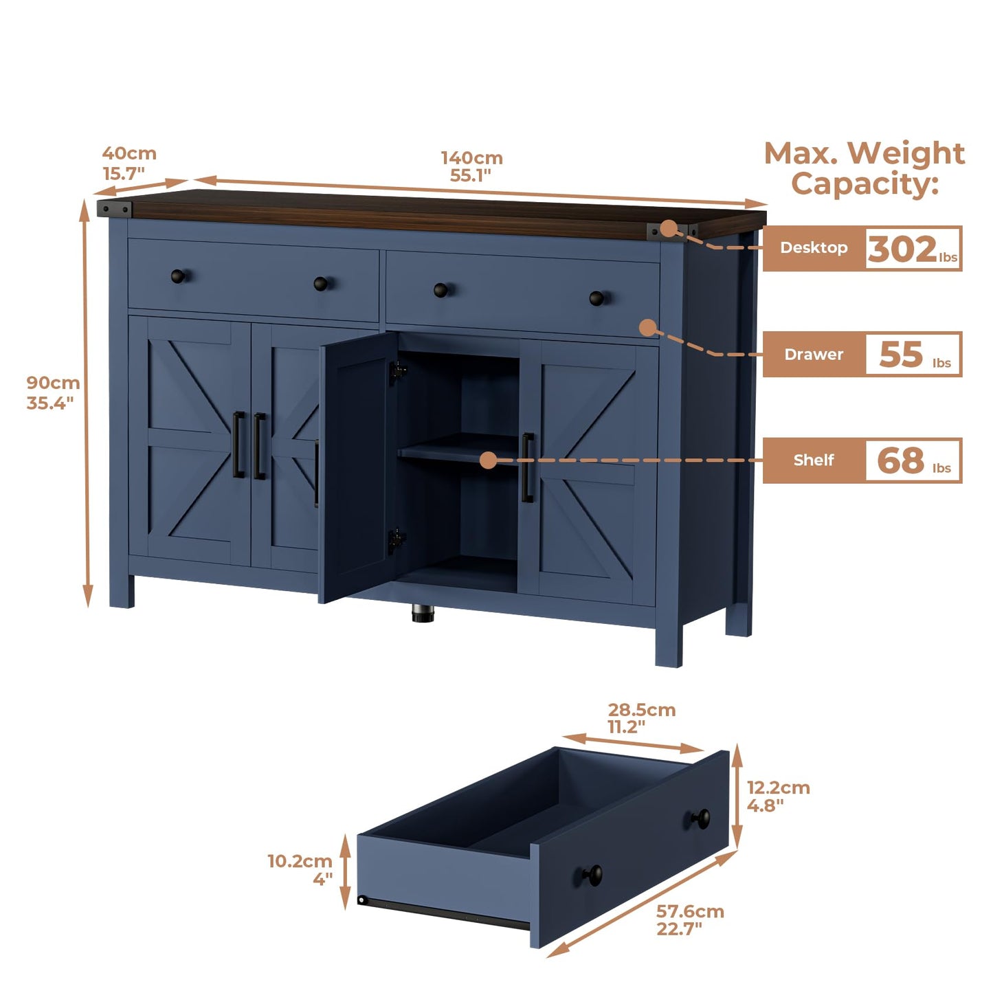 Farmhouse Buffet Cabinet with Storage, 55" Large Sideboard with 4 Doors & 2 Drawers, Blue Wood Coffee Bar Cabinet for Kitchen, Dining Room & Living Room