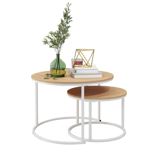 Round Coffee Table Set of 2, Stacking Side Tables with Wood-Look Top and Metal Frame for Living Room, Industrial/Modern, White/Teak