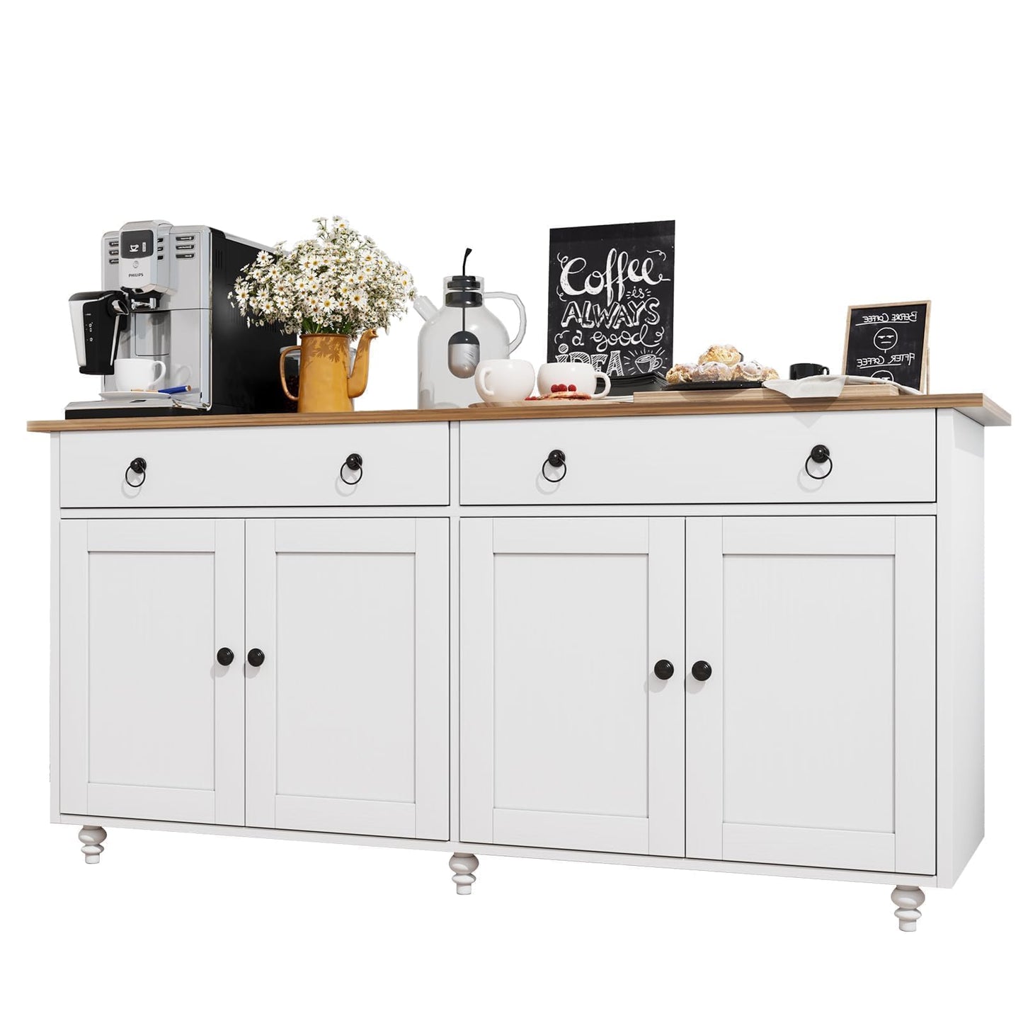 **55" Buffet Cabinet with Storage, Sideboard with 2 Drawers and 4 Doors, Modern Farmhouse Coffee Bar Cabinet, Wood Buffet Table for Kitchen or Dining Room, White**