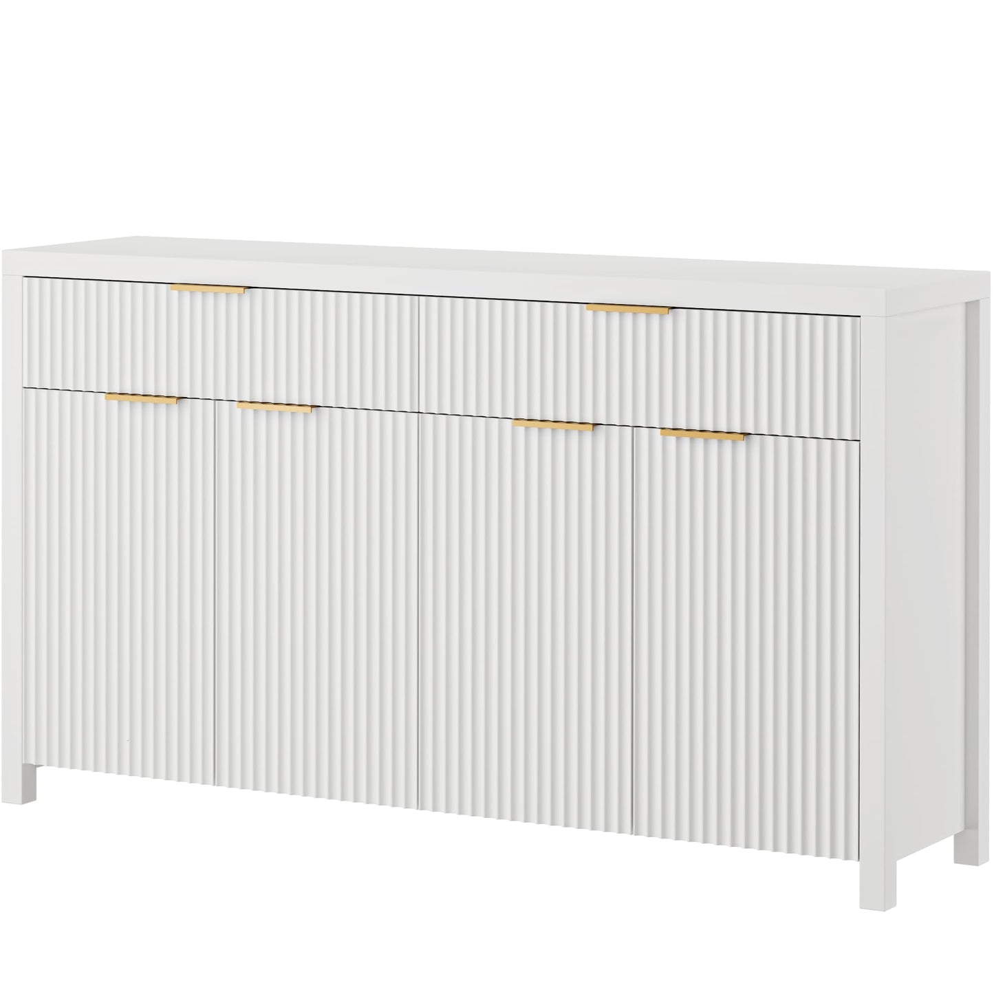 55" White Fluted Buffet Cabinet with Storage, Large Wood Sideboard with Adjustable Shelves for Entryway, Kitchen, or Living Room