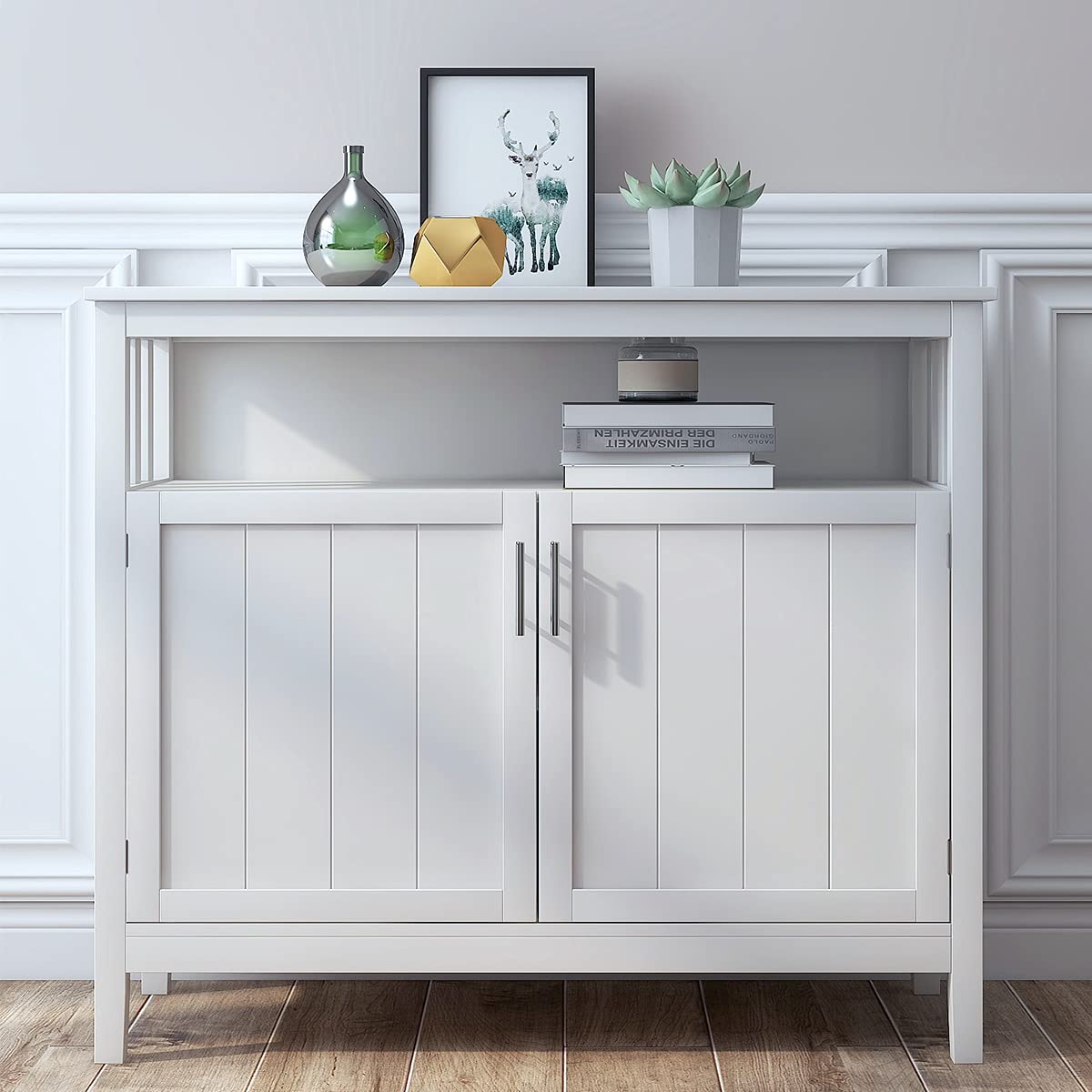 White Buffet Cabinet with 2 Doors and Adjustable Shelf, Kitchen Sideboard Storage Server or Console Table