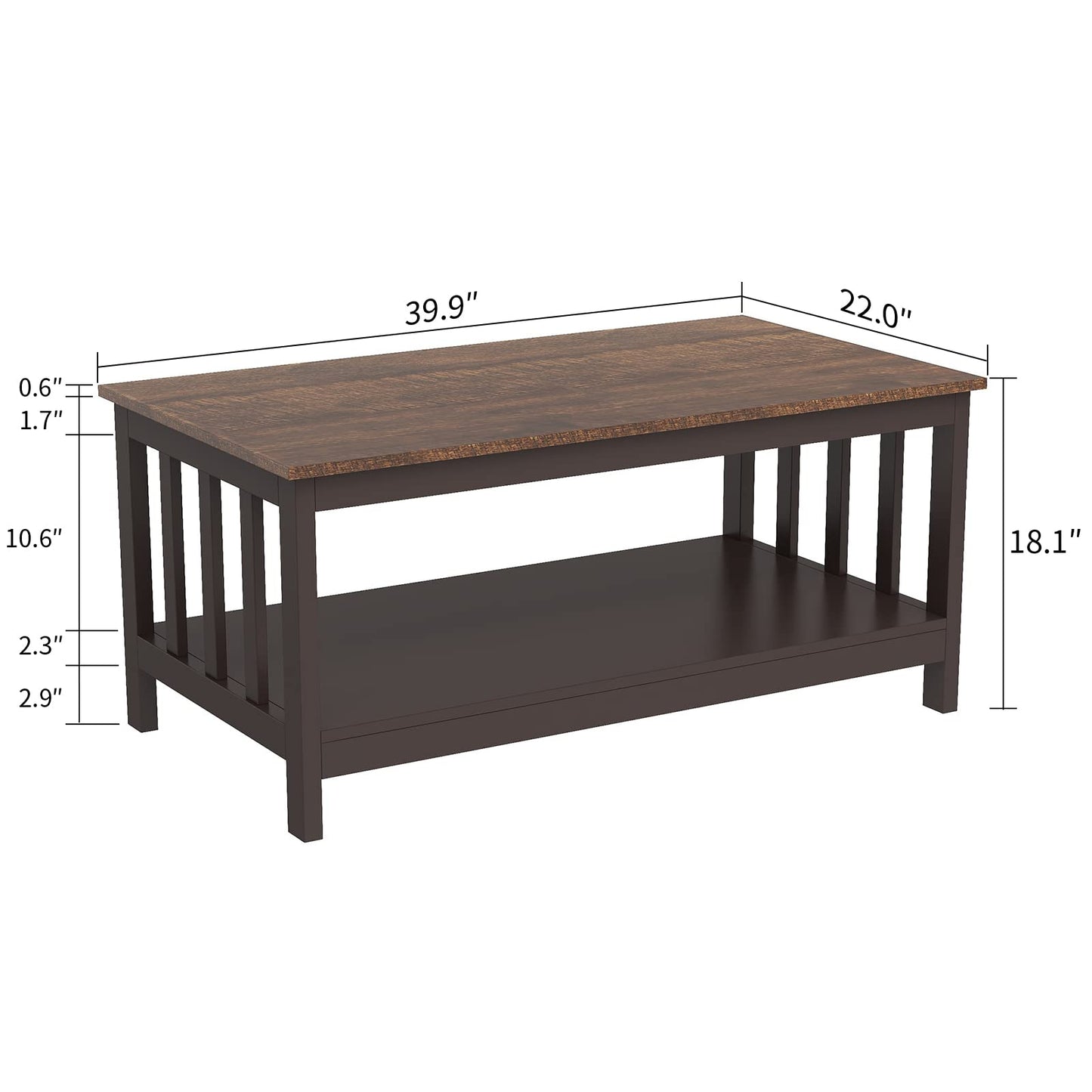 Espresso Farmhouse Coffee Table with Shelf, 40 Inch Living Room Table