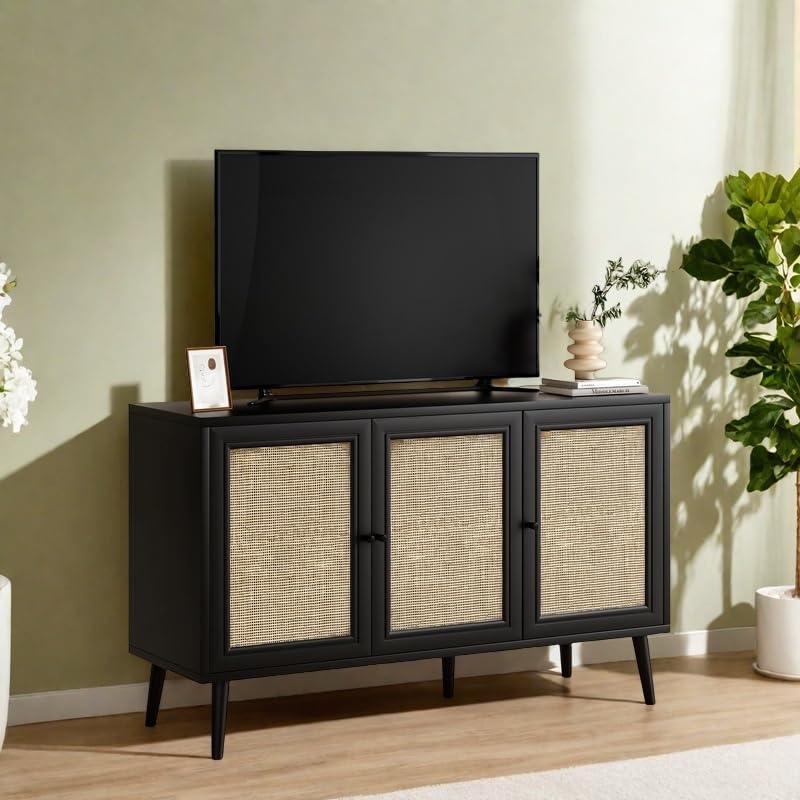 Rattan Entryway Table with Adjustable Shelf, Sideboard Buffet Cabinet with 3 Doors, Modern Console Cabinet with Large Storage for Living Room or Kitchen, Black