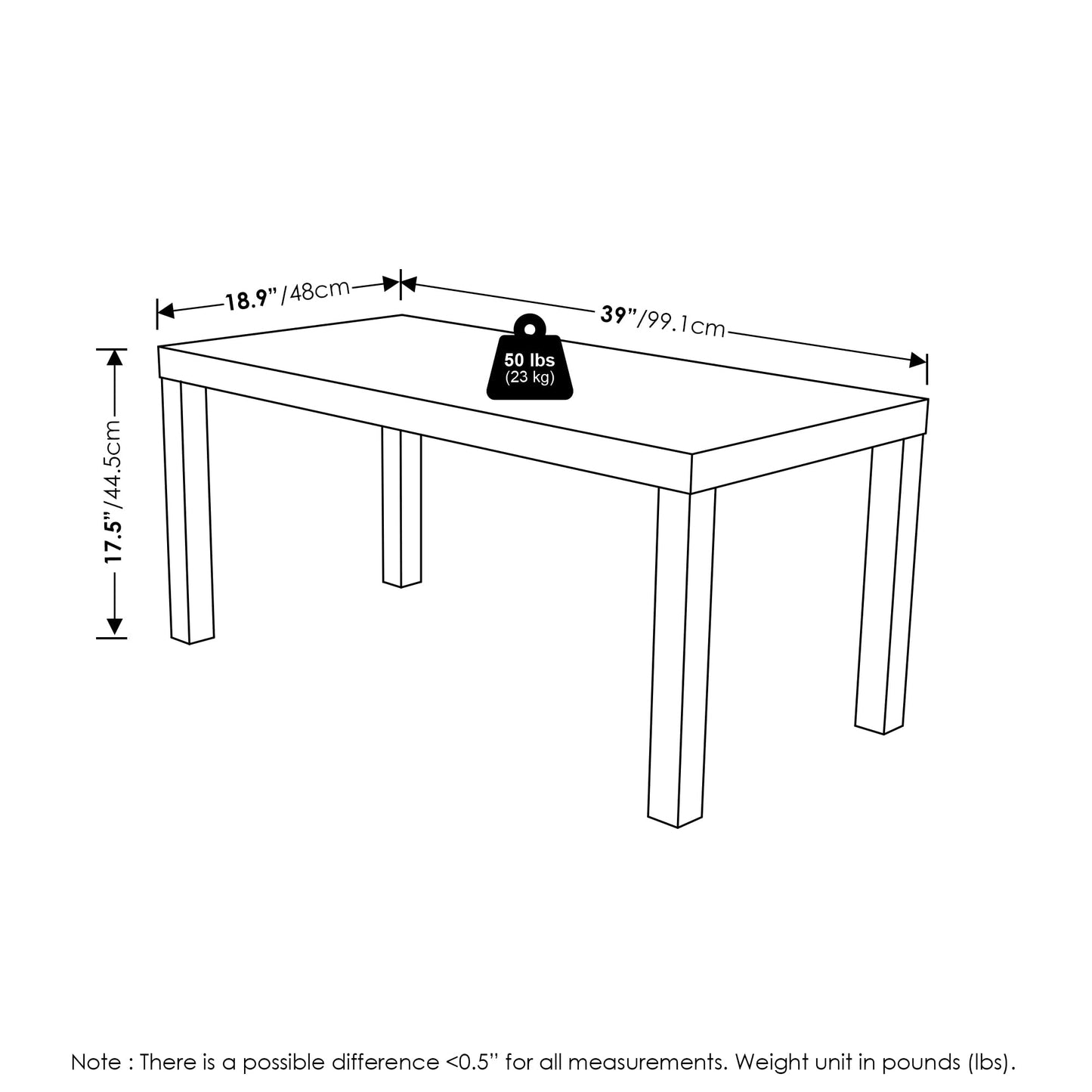 Modern Rectangle Coffee Table with 1.8 Inch Thick Tabletop, Classic Side Table for Living Room or Office, Black