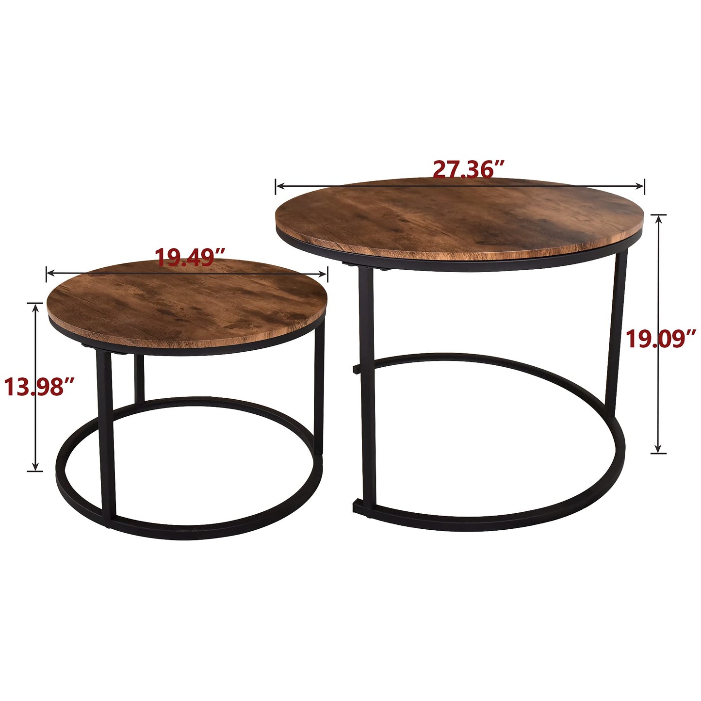 Industrial Round Coffee Table Set of 2, Stacking Side Tables with Wood-Look Top and Metal Frame for Living Room, Black/Rustic Brown