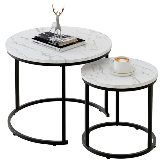 Round Nesting Coffee Table Set of 2, White Faux Marble Wooden Tables with Black Steel Frame for Living Room or Bedroom