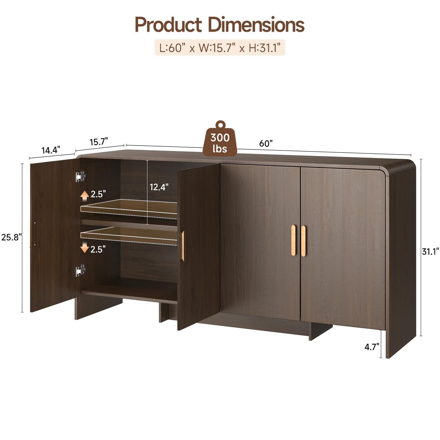 60" Curved Sideboard Buffet Cabinet with 4 Doors and Adjustable Shelves, Farmhouse Coffee Bar Storage for Living Room, Kitchen, or Hallway, Walnut