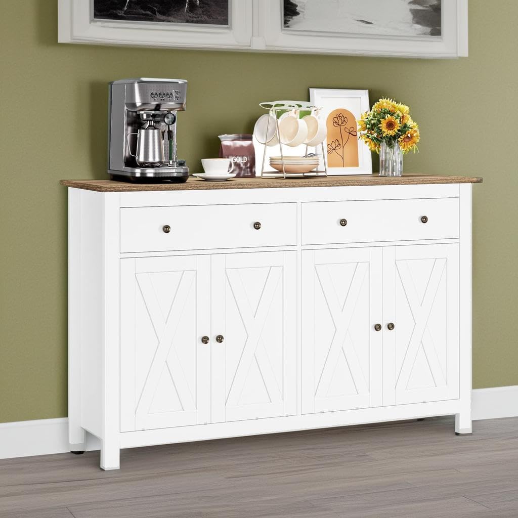55" Large Sideboard Buffet Cabinet with 2 Drawers and 4 Doors, Wood Storage Buffet Table for Kitchen or Dining Room, White