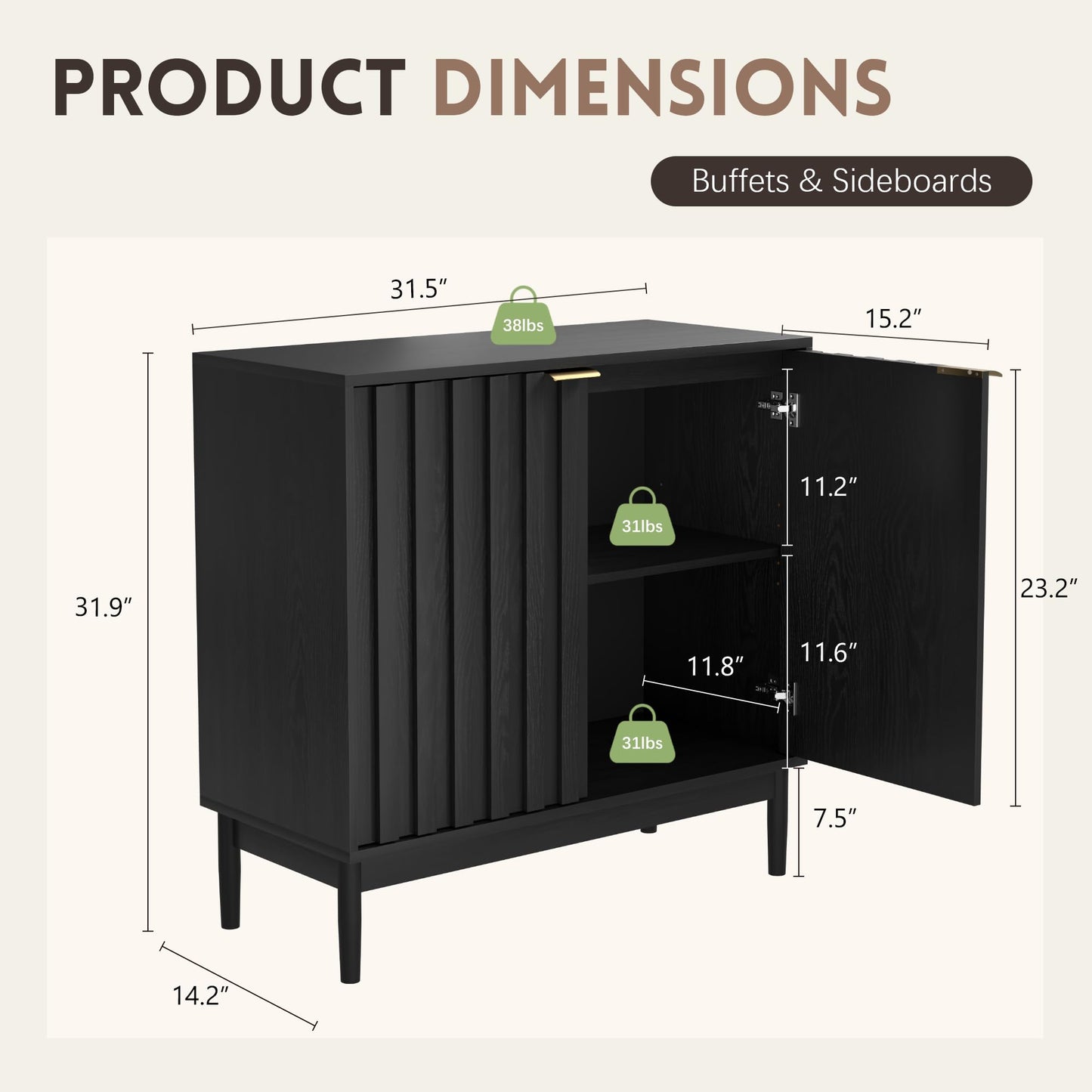 Fluted Buffet Cabinet with Door and Adjustable Shelves, Modern Sideboard Storage Cabinet for Kitchen, Living Room, or Hallway, Black