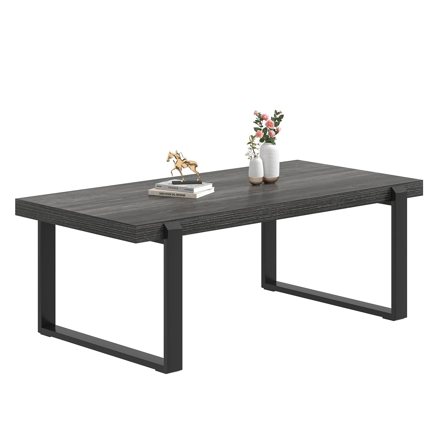 FOLUBAN 47" Industrial Coffee Table – Rustic Dark Gray Wood and Metal Rectangle Center Table for Living Room
