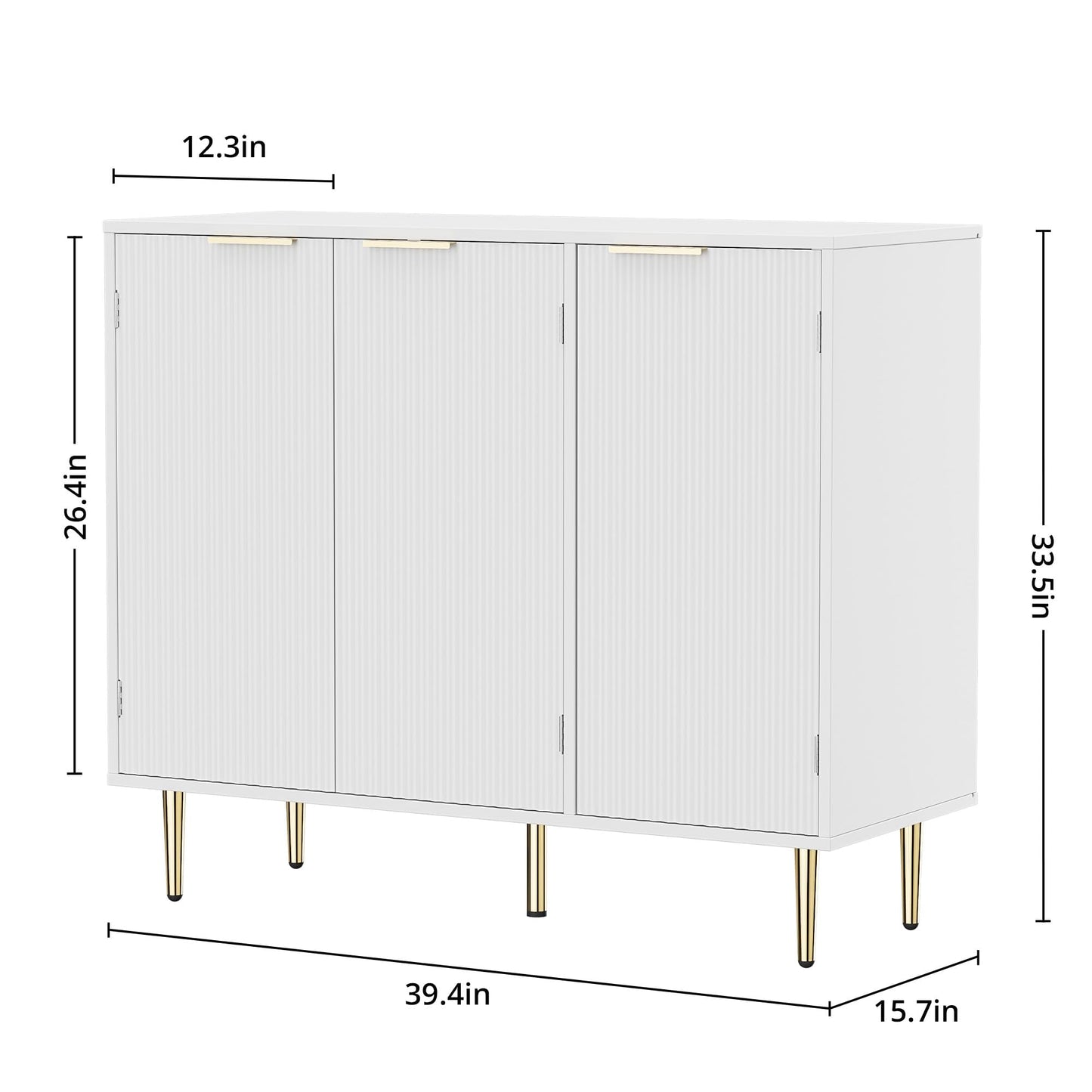 Fluted Sideboard Buffet with 3 Doors and Adjustable Shelves, Modern Kitchen Storage Cabinet with Gold Handles, Coffee Bar for Living Room or Kitchen, White