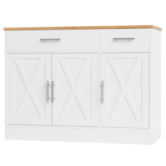 42" Modern Farmhouse Sideboard Buffet Cabinet with 3 Barn Doors and Adjustable Shelf, Wood Coffee Bar Storage for Kitchen or Living Room, White