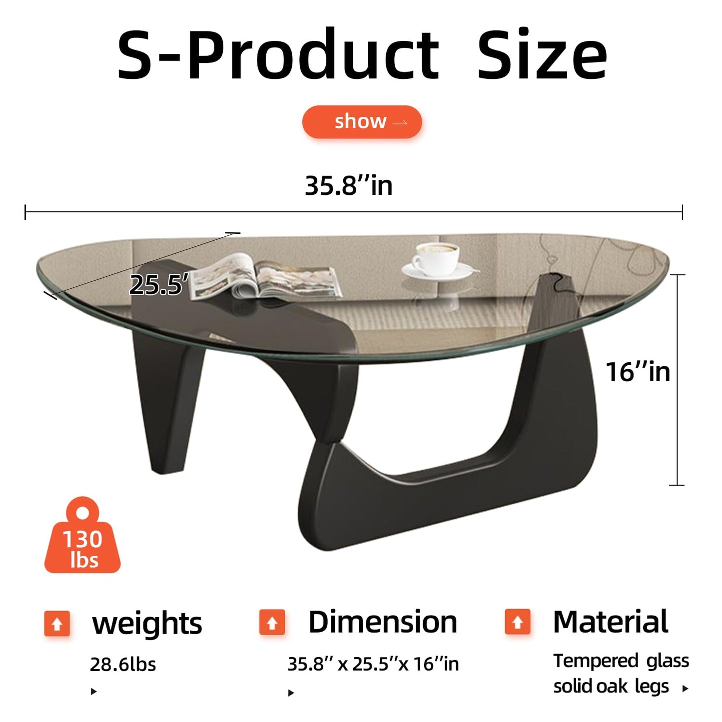 Modern Glass Coffee Table, Mid Century Small Coffee Table for Living Room Bedroom Office, Black/Transparent Medium