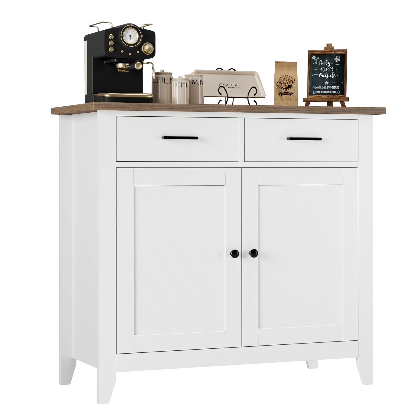 HORSTORS Modern Farmhouse Buffet Cabinet with Storage, Kitchen Sideboard Coffee Bar with 2 Drawers and 2 Doors, Floor Storage Cabinet for Living Room, Dining Room, or Bathroom, Ivory White