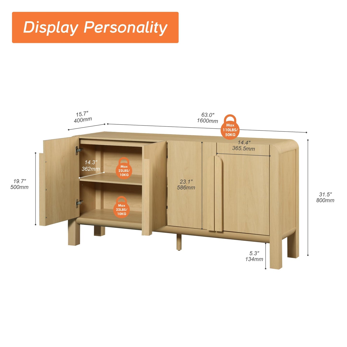 63" Wide Curved Buffet Sideboard Cabinet with 4 Doors, Modern Coffee Bar and Wine Bar Storage for Dining Room, Living Room, or Kitchen, Oak