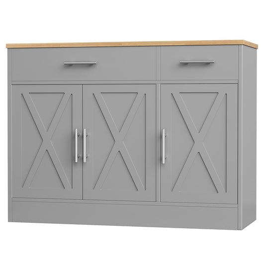 Modern Farmhouse Sideboard Buffet Cabinet with 3 Doors and Adjustable Shelf, 42" Wood Storage Cabinet for Kitchen or Living Room, Grey