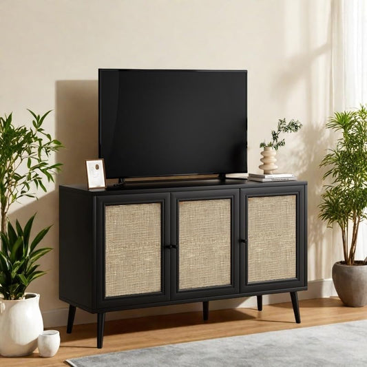 Rattan Entryway Table with Adjustable Shelf, Sideboard Buffet Cabinet with 3 Doors, Modern Console Cabinet with Large Storage for Living Room or Kitchen, Black