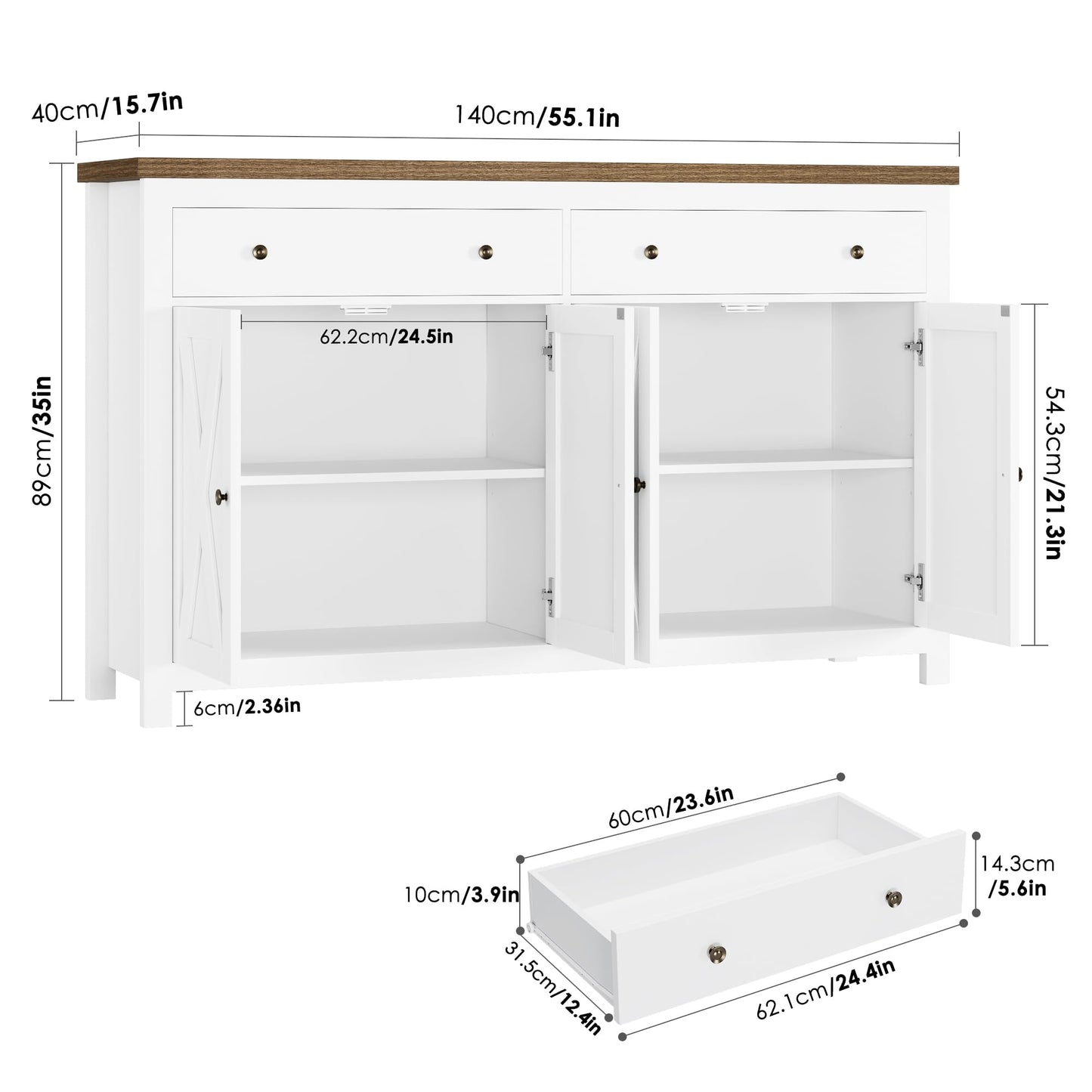 55" Large Sideboard Buffet Cabinet with 2 Drawers and 4 Doors, Wood Storage Buffet Table for Kitchen or Dining Room, White