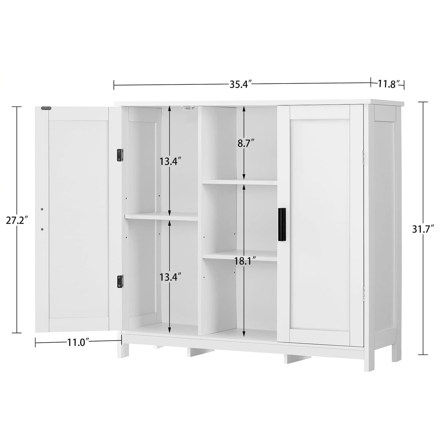Storage Cabinet with 2 Doors and 4 Shelves, Credenza Buffet Cabinet for Living Room, Entryway, or Home Office, White