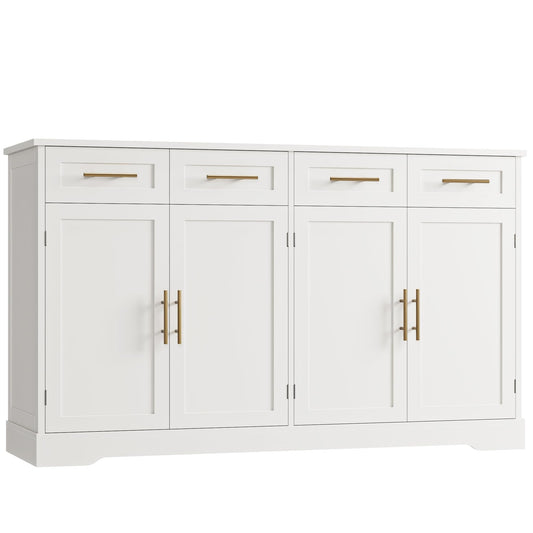 60" Large Buffet Sideboard with 4 Drawers and Storage, 36" Tall Modern Kitchen Cabinet with Gold Handles, White
