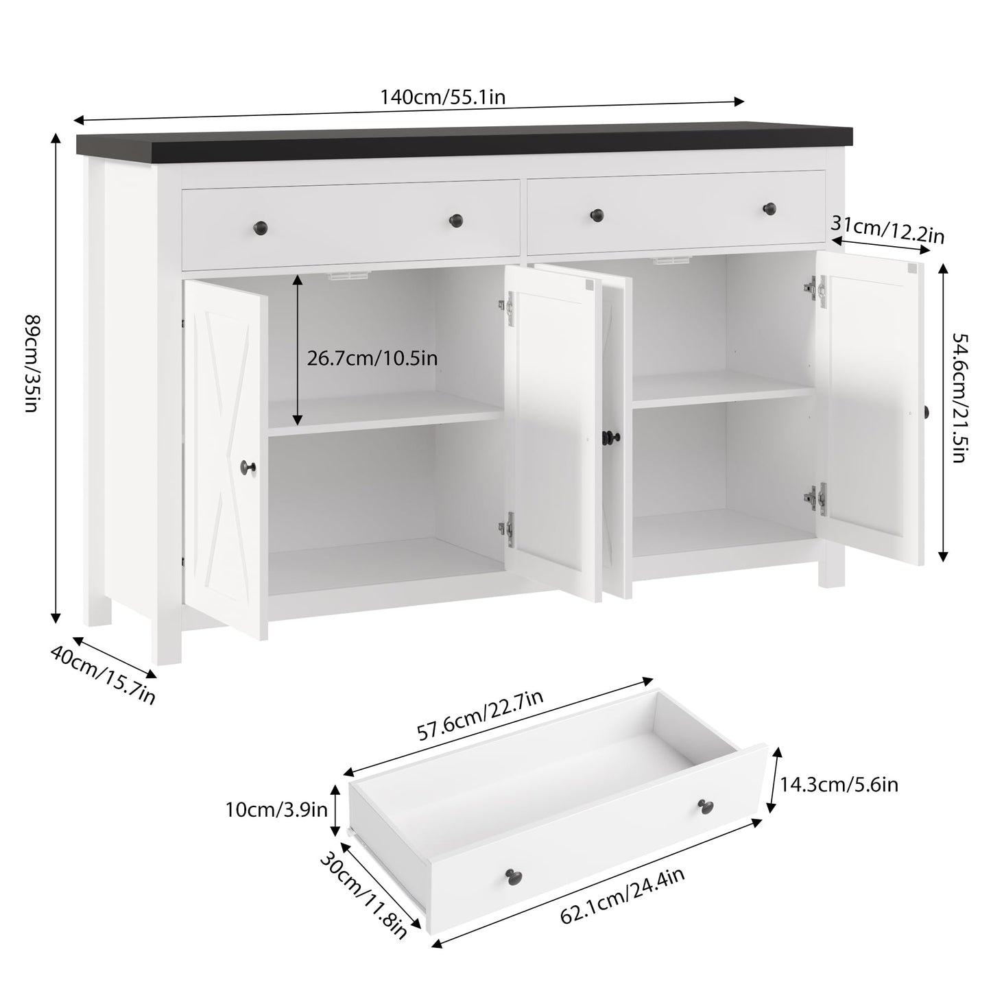 55" Large Sideboard Buffet Cabinet with 2 Drawers and 4 Doors, Wood Storage Buffet Table for Kitchen or Dining Room, White/Black