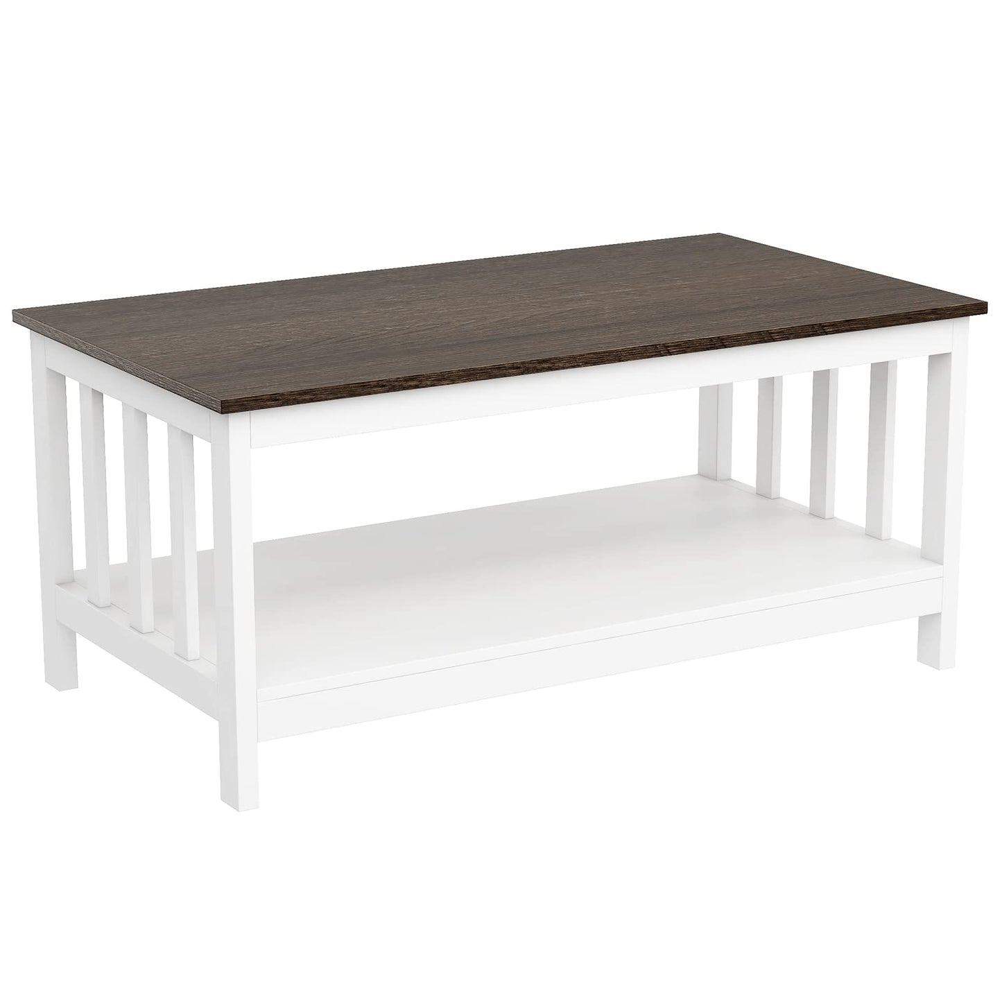White Farmhouse Coffee Table with Shelf, 40 Inch Living Room Table