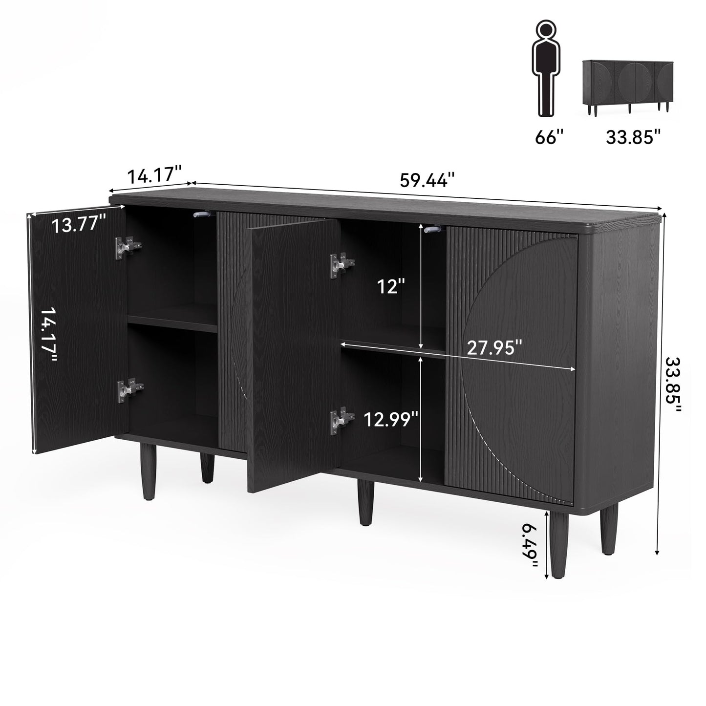 **LITTLE TREE 59" Buffet Cabinet Sideboard with Storage, Modern Sideboard Buffet Table with Doors for Living Room and Dining Room, Black**