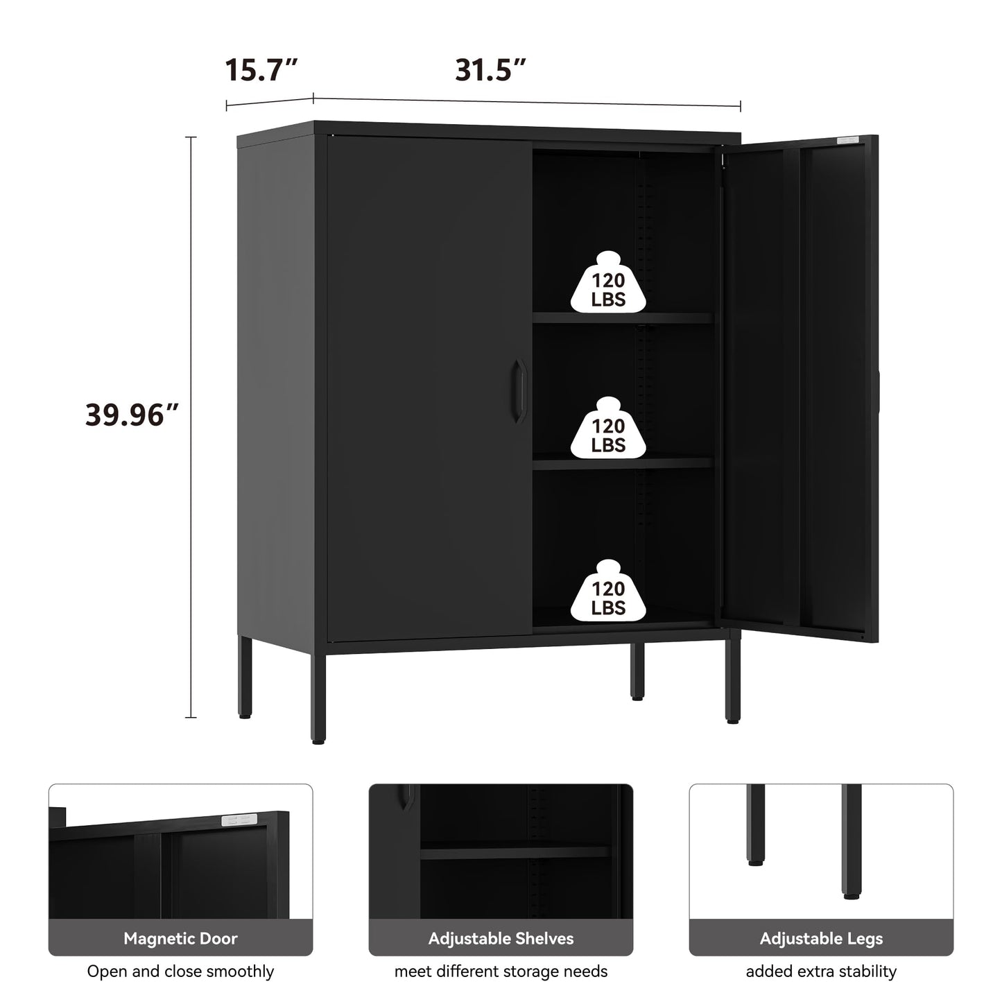 Metal Locker Storage Cabinet with 2 Doors and 4 Shelves, 39.96" Steel Floor Cabinet for Office, Home, Garage, Gym, or School, Black
