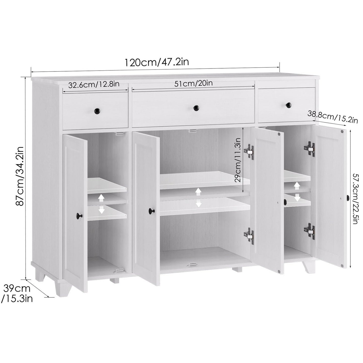 47" White Buffet Cabinet with 3 Drawers, 4 Doors, and Adjustable Shelves, Modern Coffee Bar Sideboard for Kitchen, Dining, or Living Room