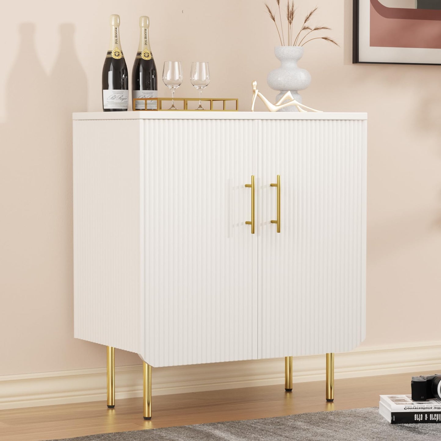 Buffet Cabinet with 2 Doors and Adjustable Shelf, Fluted Modern Sideboard Accent Cabinet for Living Room, White