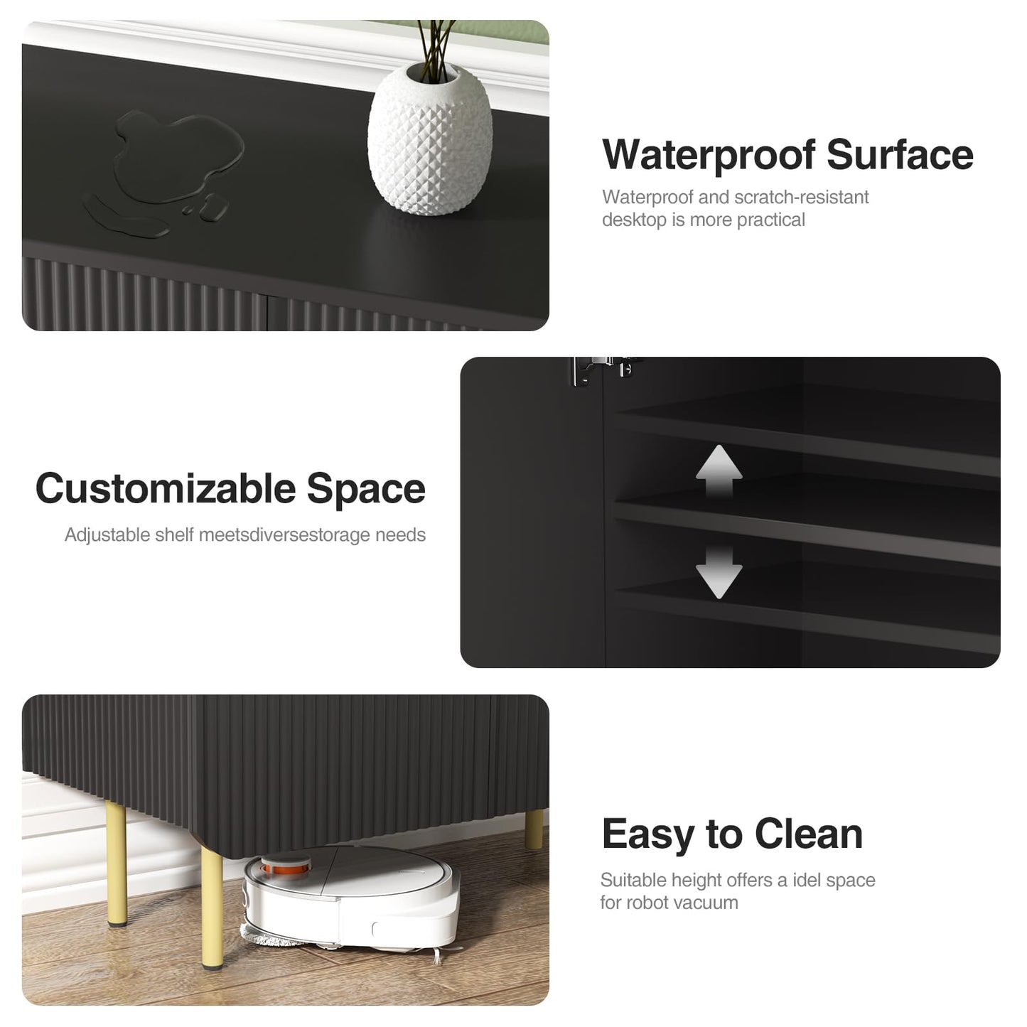 Buffet Cabinet with 2 Doors and Adjustable Shelf, Fluted Modern Sideboard Accent Cabinet for Living Room, Black