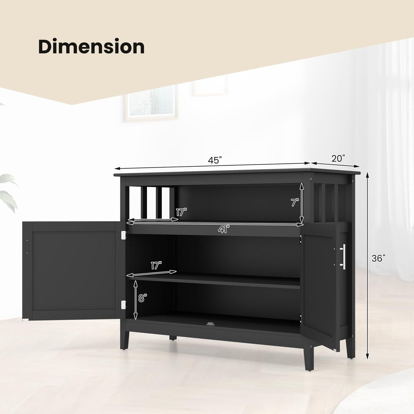 Freestanding Buffet Cabinet with Adjustable Shelf, Kitchen Storage Sideboard Console Table, 45" x 20" x 36", Black